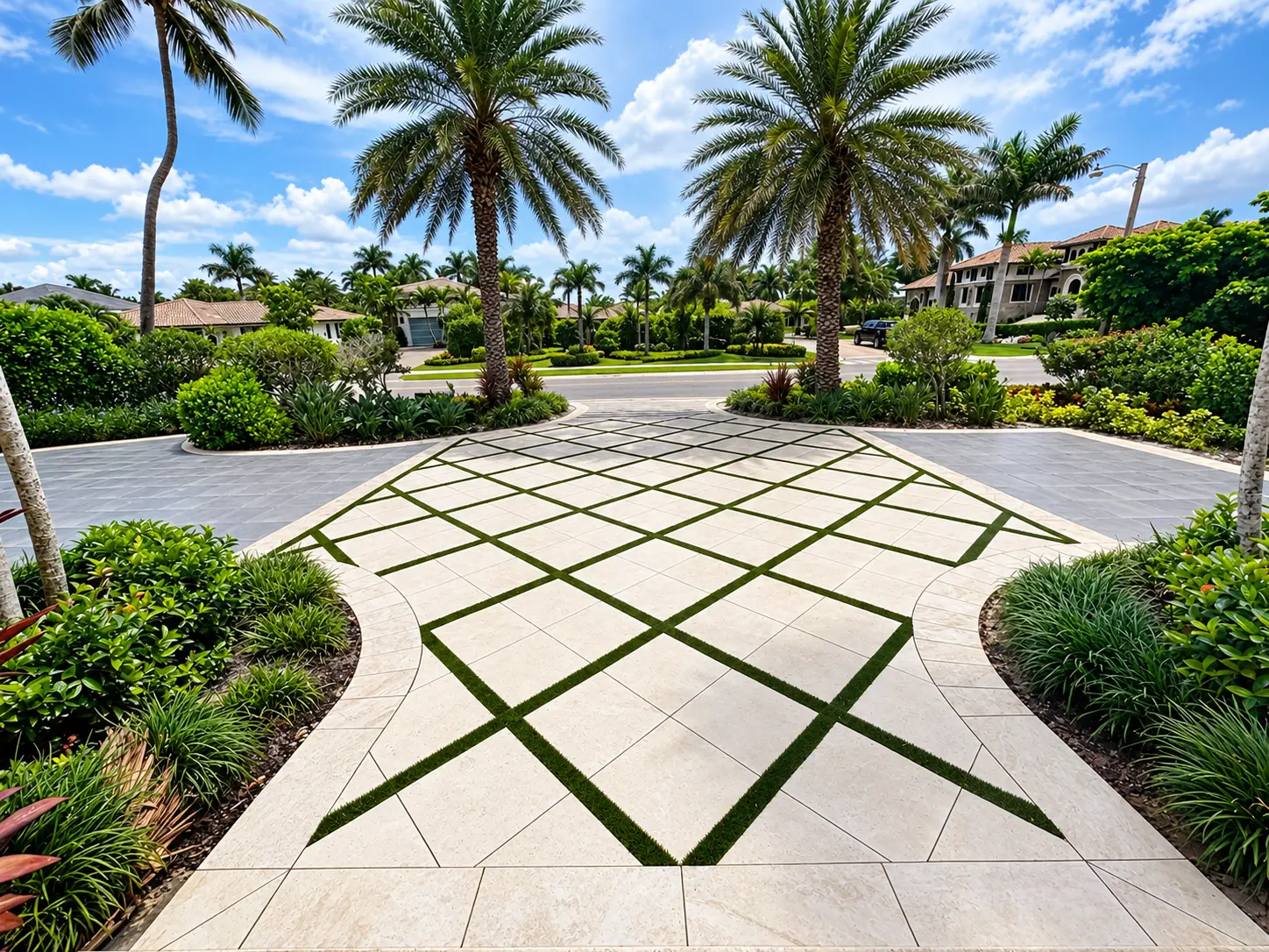 Paver driveway and landscaped entry at a Southwest Florida home